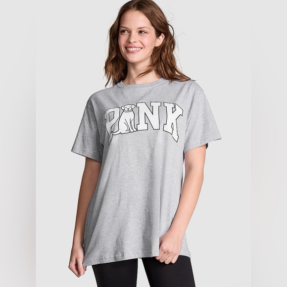 PINK Victoria's Secret Tops - Victoria’s Secret PINK Campus Cotton Tee Heather Grey Size M Oversized Logo